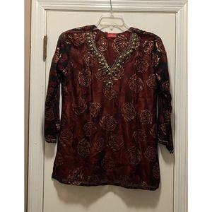 Indian Selections Red silk tunic top ladies M beaded sequin India GORGEOUS